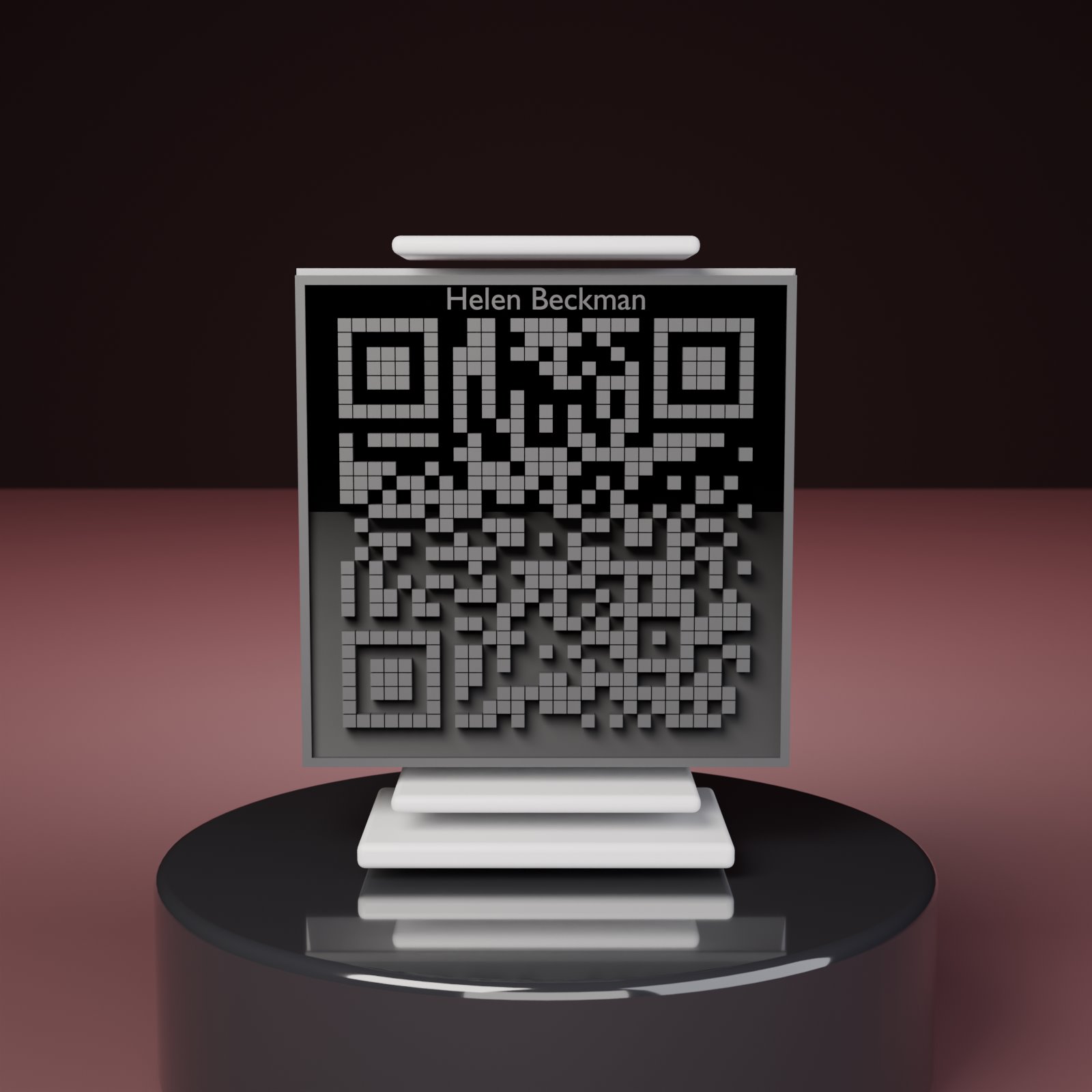 APOLO QR medallion — engraved tablet with the memorial QR code and your loved one's name, displayed on a pedestal